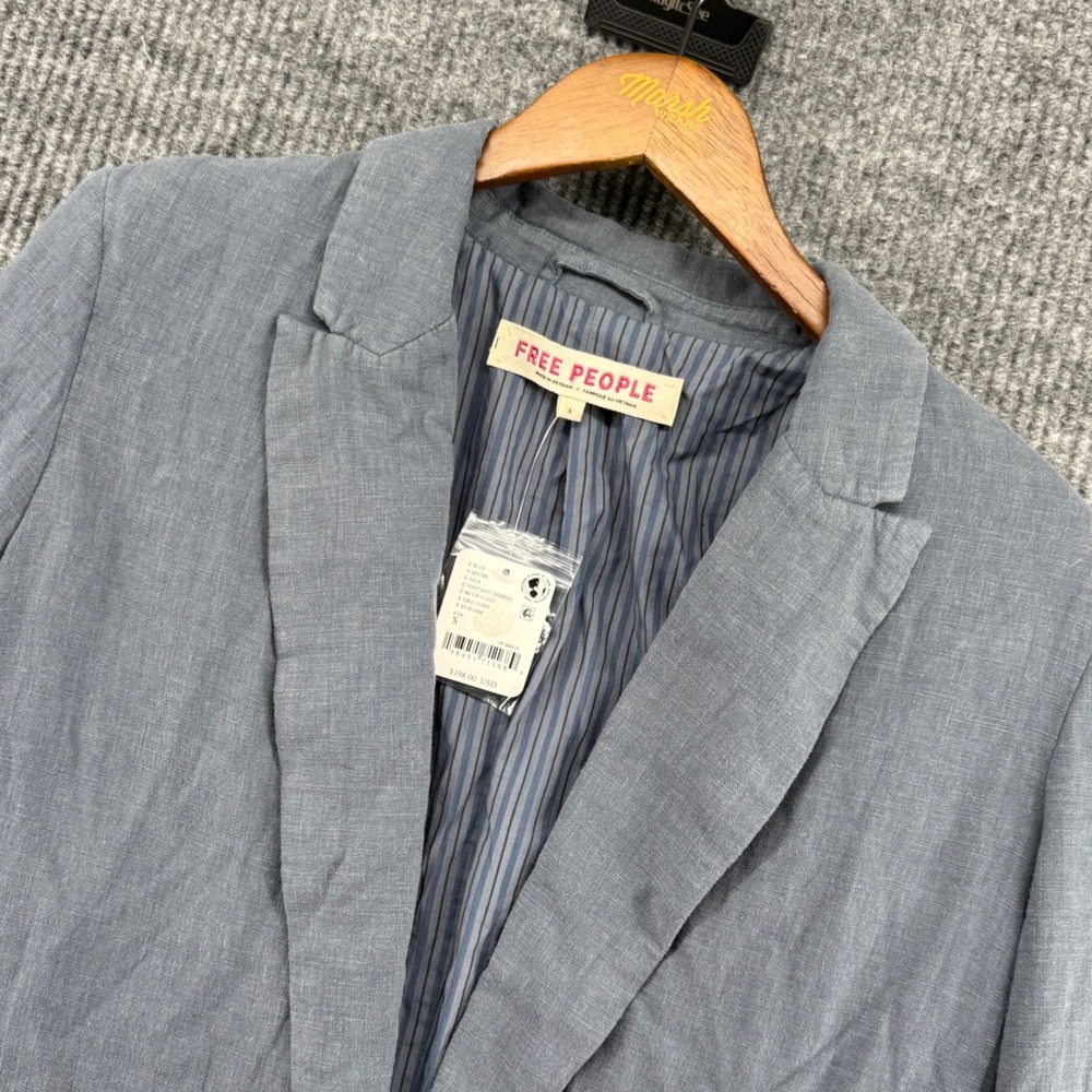 Free People Blazer Womens S Blue New Linen Blend Single Button Vintage Indigo